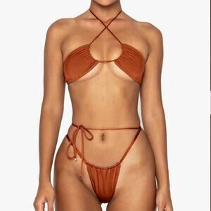 Womens 2 Piece Swimsuit XS Brown Halter Bikini Cheeky Thong String Brazilian